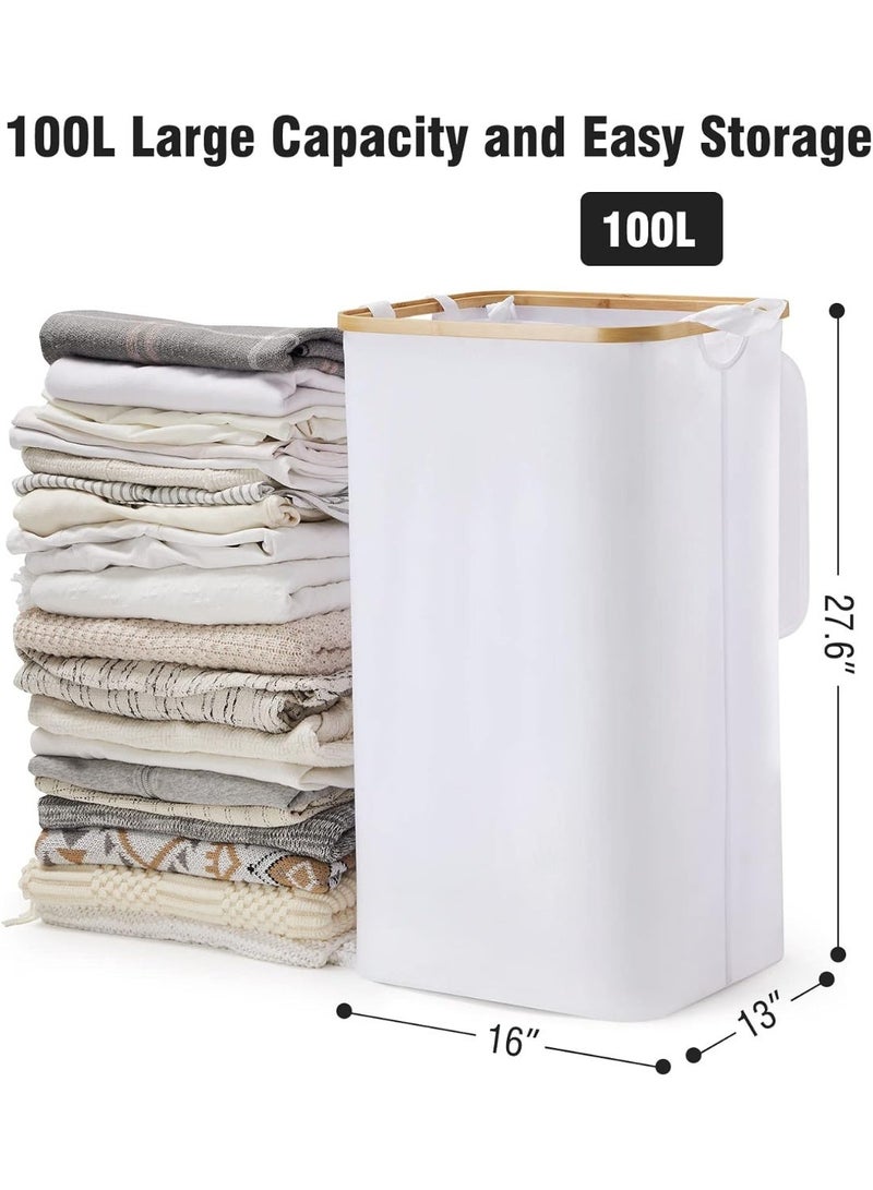 Large Laundry Hamper with Lid by, 100L Tall Laundry Basket with Bamboo Handles for Clothes and Toys, Collapsible Laundry Basket with Removable Inner Bag for Bedroom and Bathroom, White - Image 2